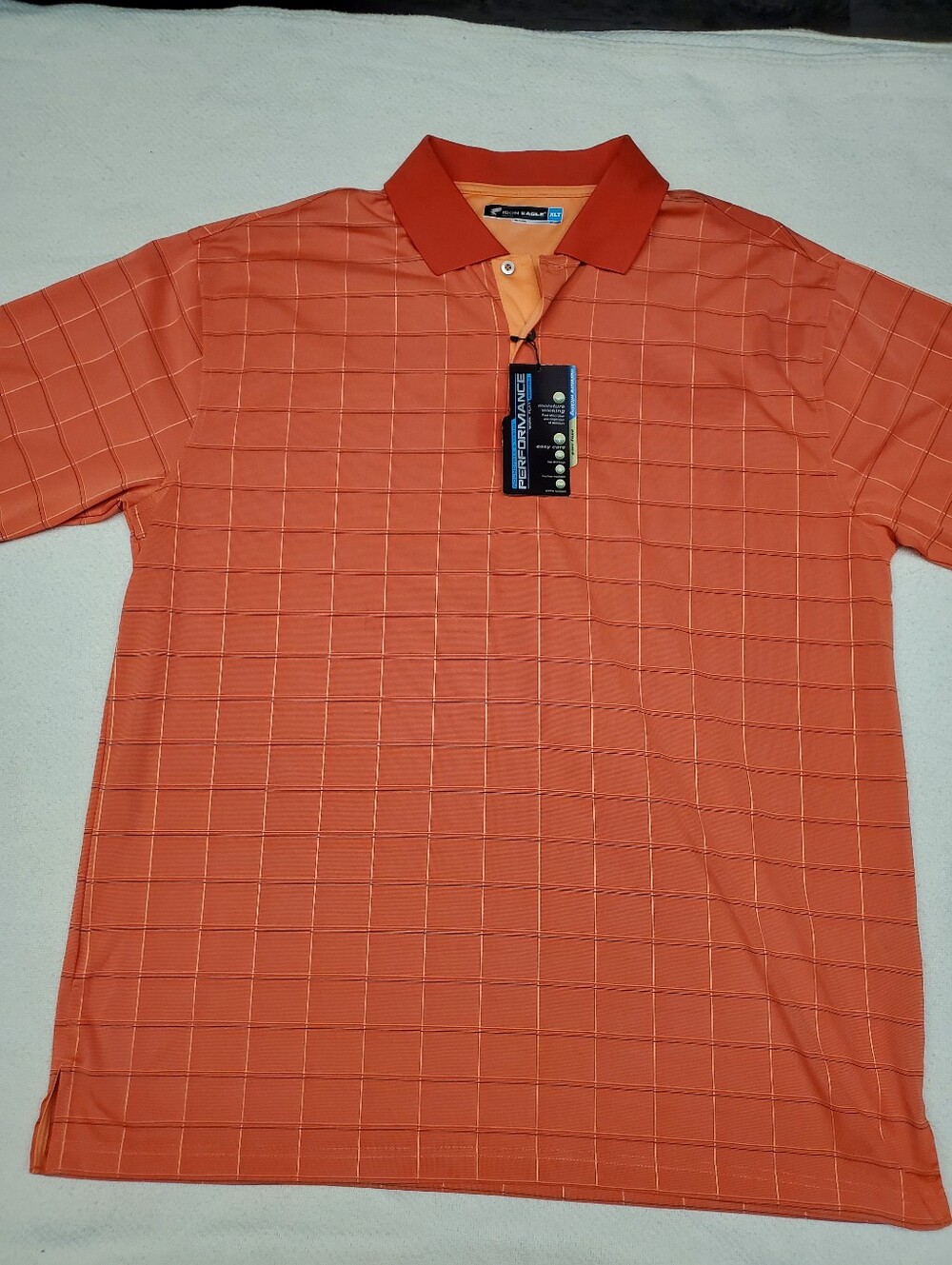 Iron Eagle Performance Golf Polo Shirt NWT Men's XLT Orange Plaid Moisture Wick